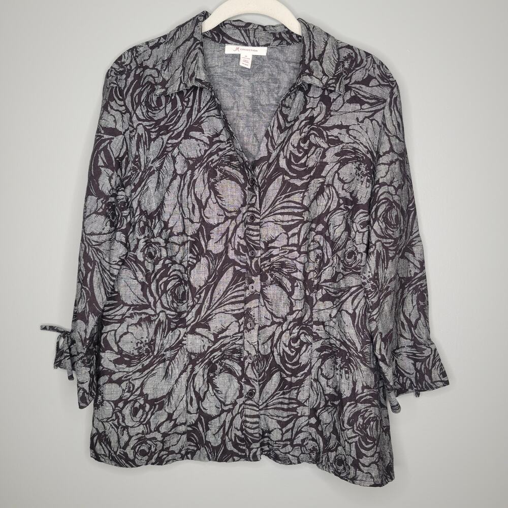 JM Collection Linen Jacket Women's Size 10 Black Gray Dark Floral Button Front - Picture 3 of 14